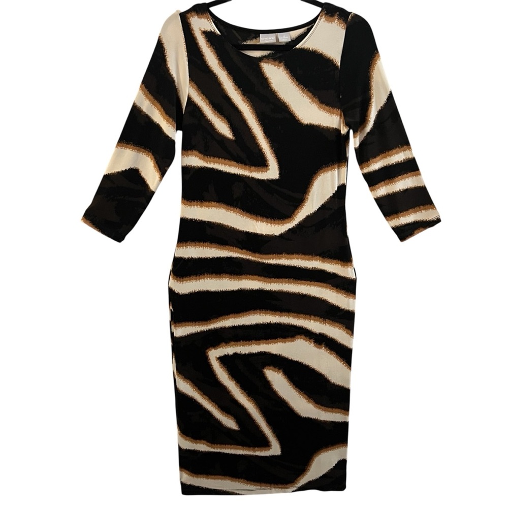 CHICO’S DRESS, Size 0 / 4/6, Black Brown Tan Cream Animal Print Midi, 3/4 Sleeve